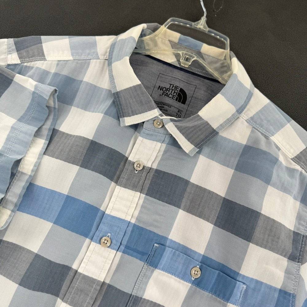 The North Face Men XL Blue Grey Plaid Short Sleeve Button Down Shirt Herringbone